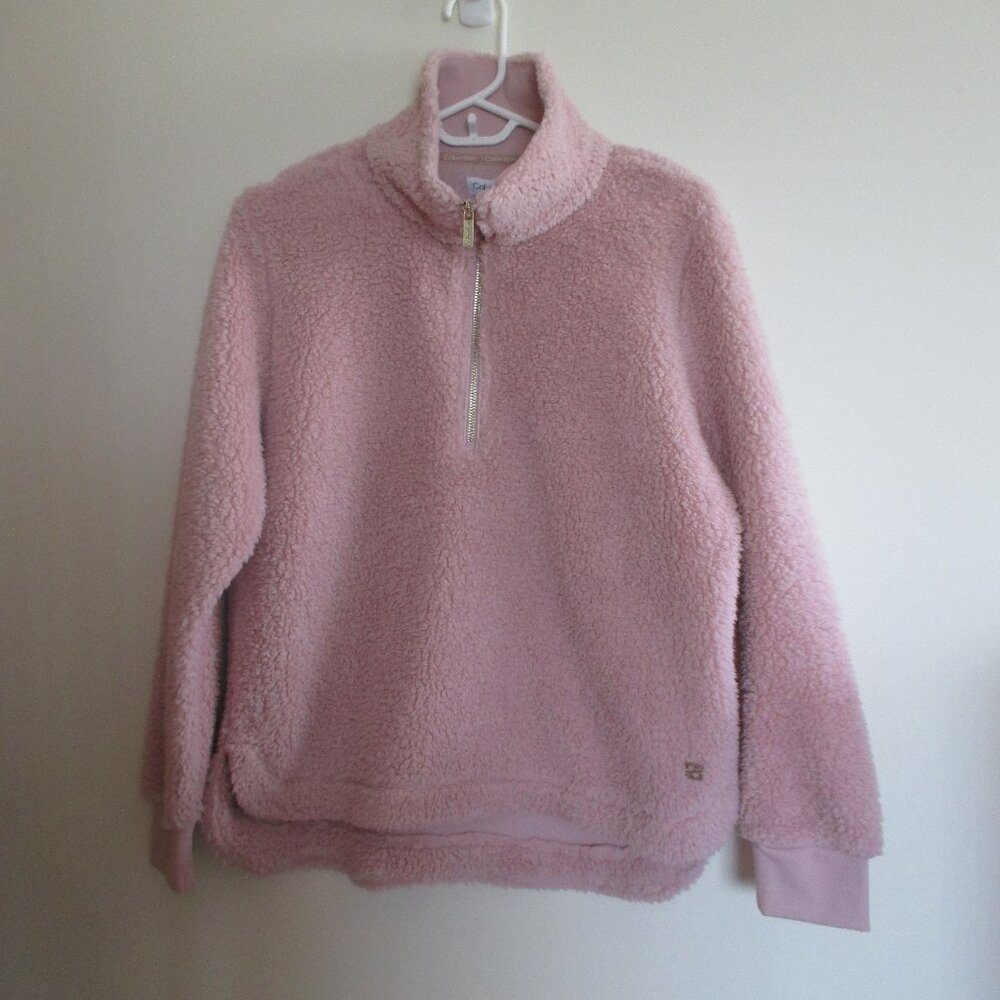 Calvin Klein Sherpa Fleece Popover Plush Pink Pullover 1/2 Zip Mock Neck NEW NWT
